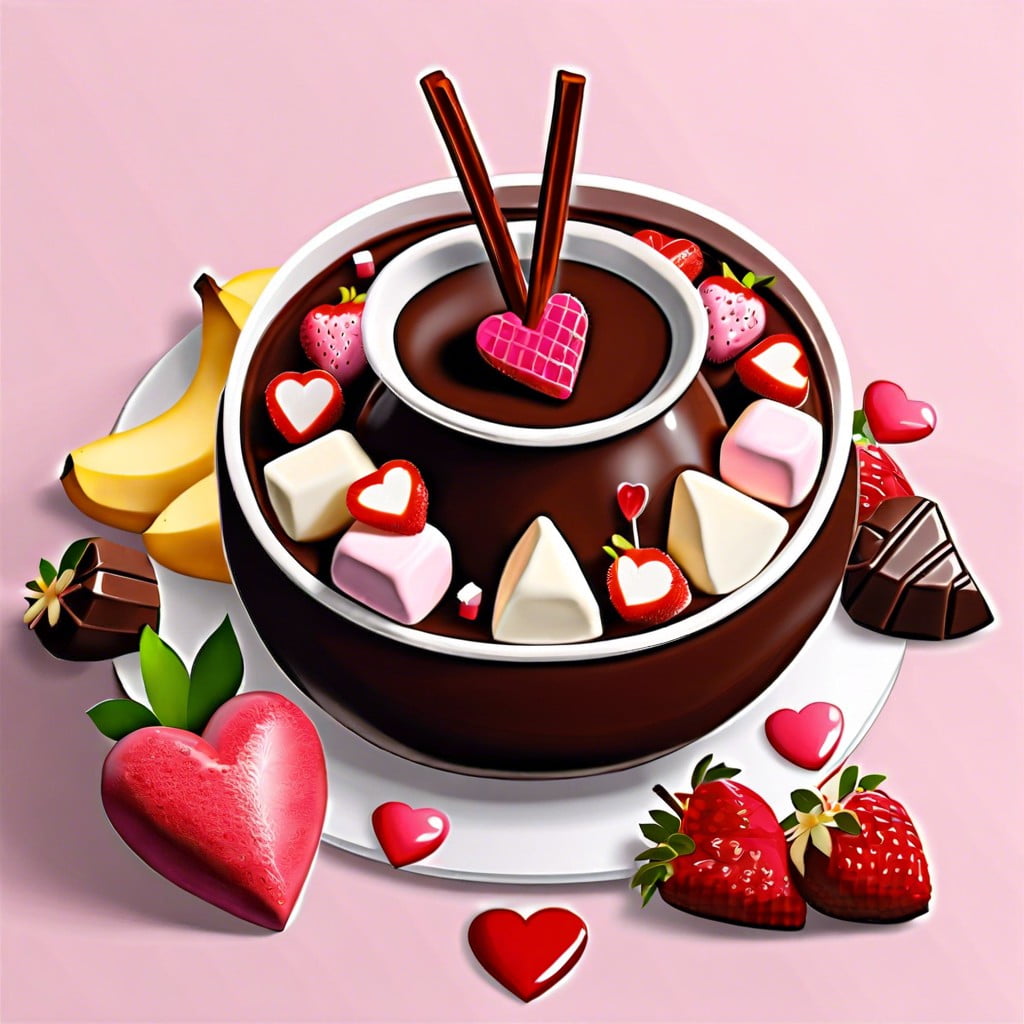 chocolate fondue with various fruits and marshmallows