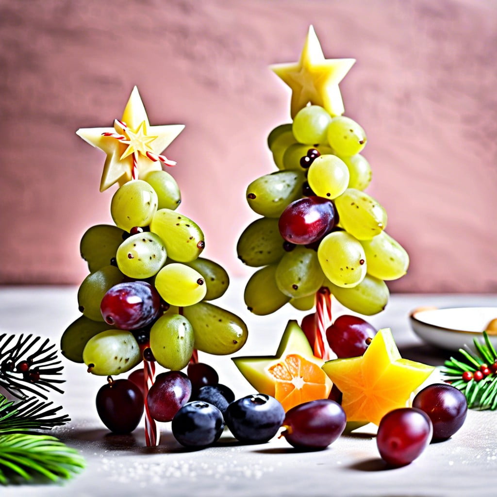 christmas tree fruit skewers grapes kiwi and star shaped melon