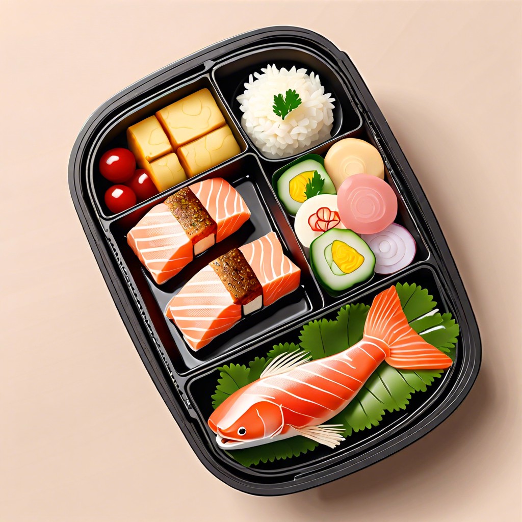 classic japanese bento grilled salmon tamagoyaki japanese omelette and pickled vegetables