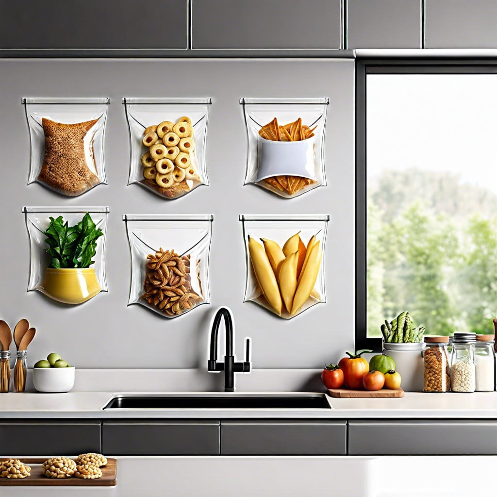 clear hanging pockets on kitchen walls for snack packs