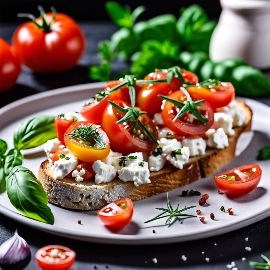 cottage cheese bruschetta spread on toast top with diced tomatoes and herbs