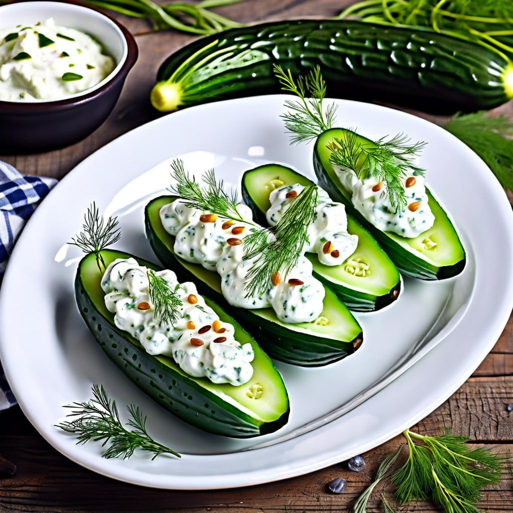 cucumber boats scooped cucumber filled with cottage cheese and dill