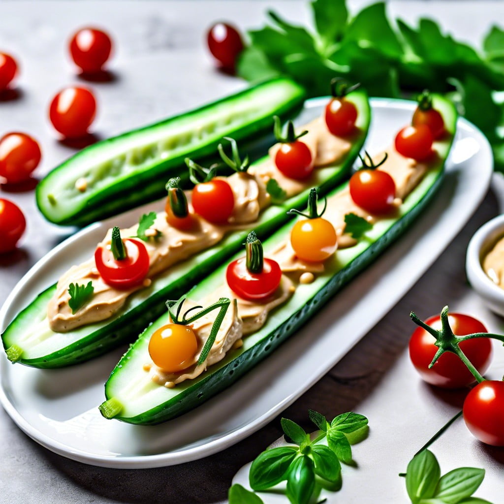 cucumber boats with hummus and cherry tomatoes