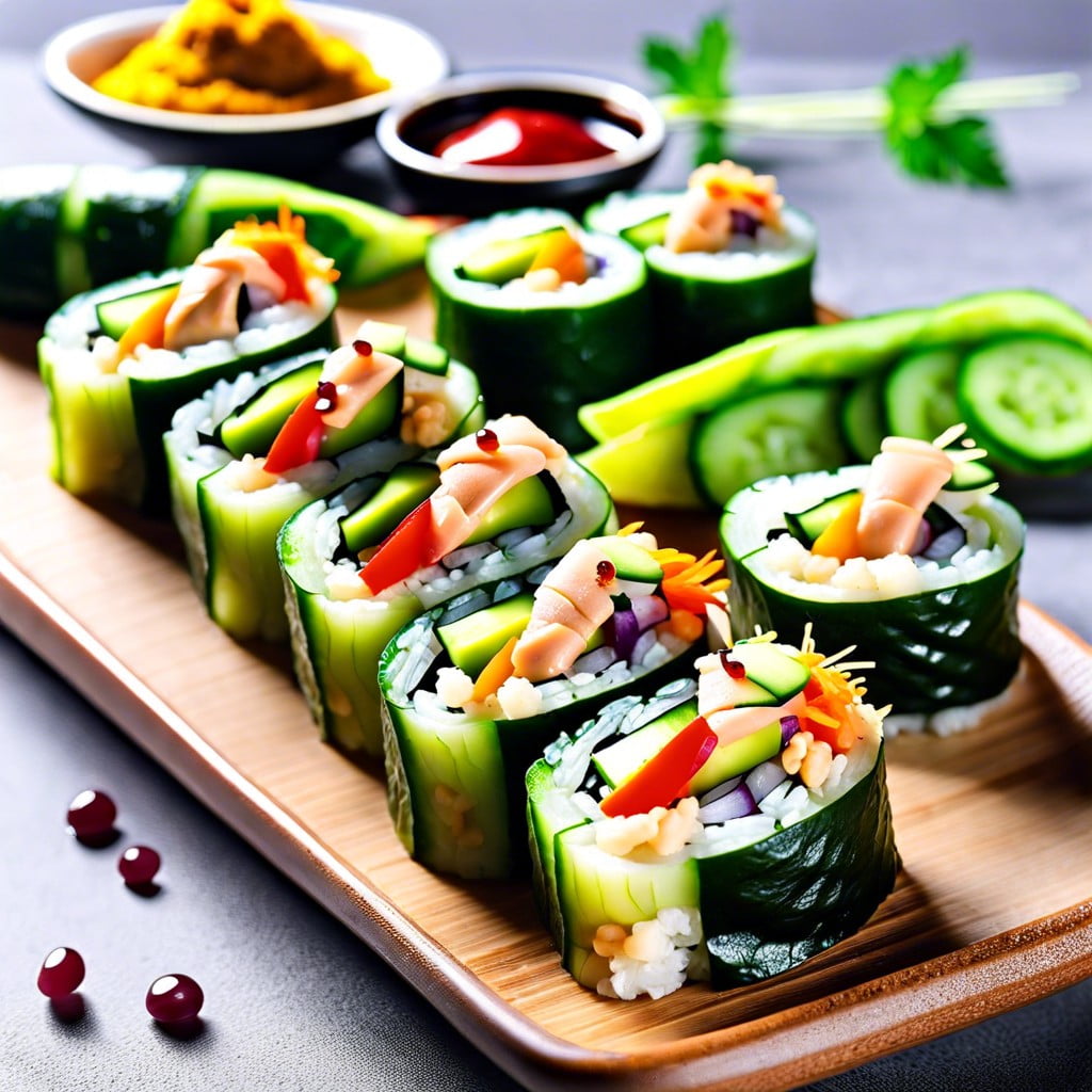 cucumber sushi rolls filled with veggies and hummus