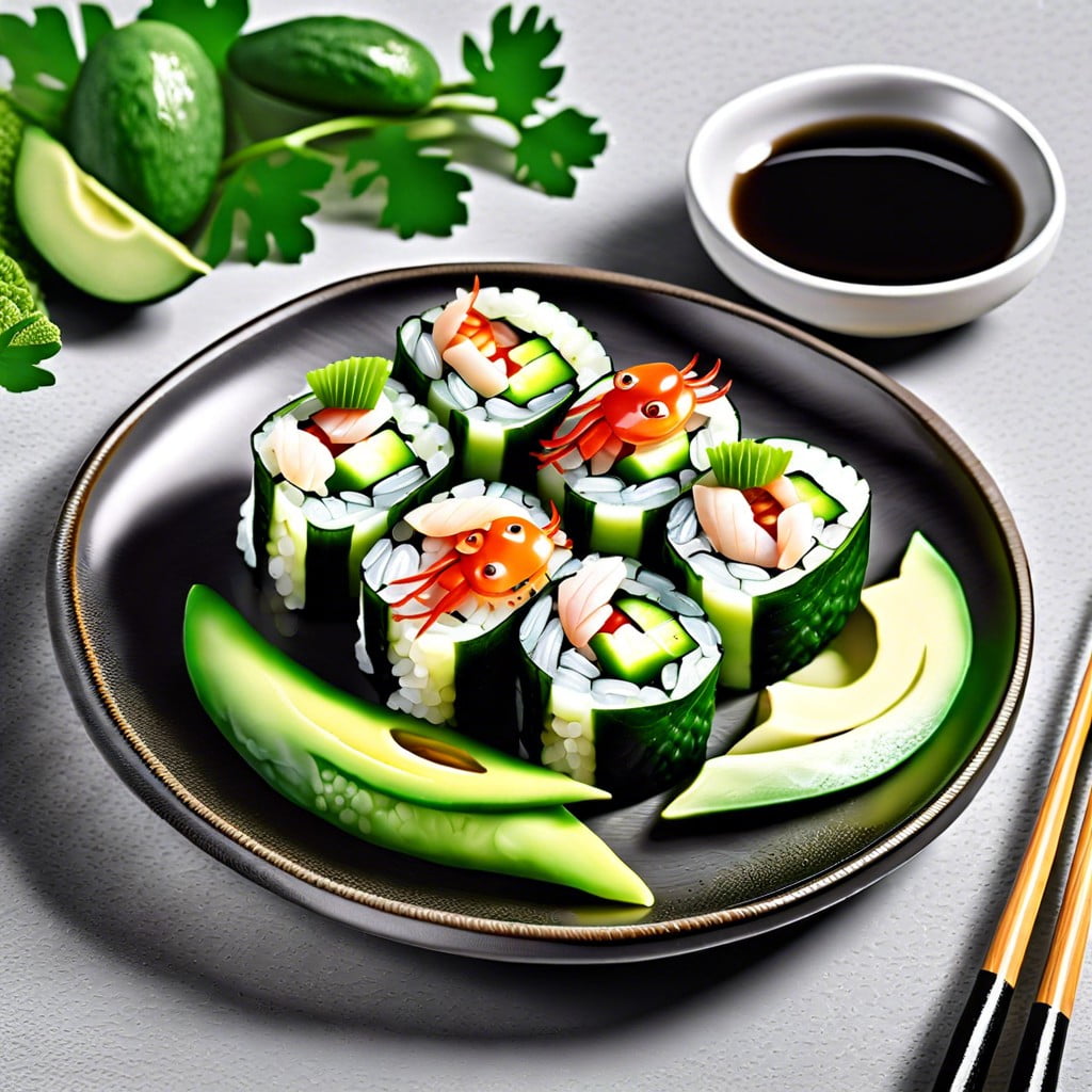 cucumber sushi rolls with crab and avocado