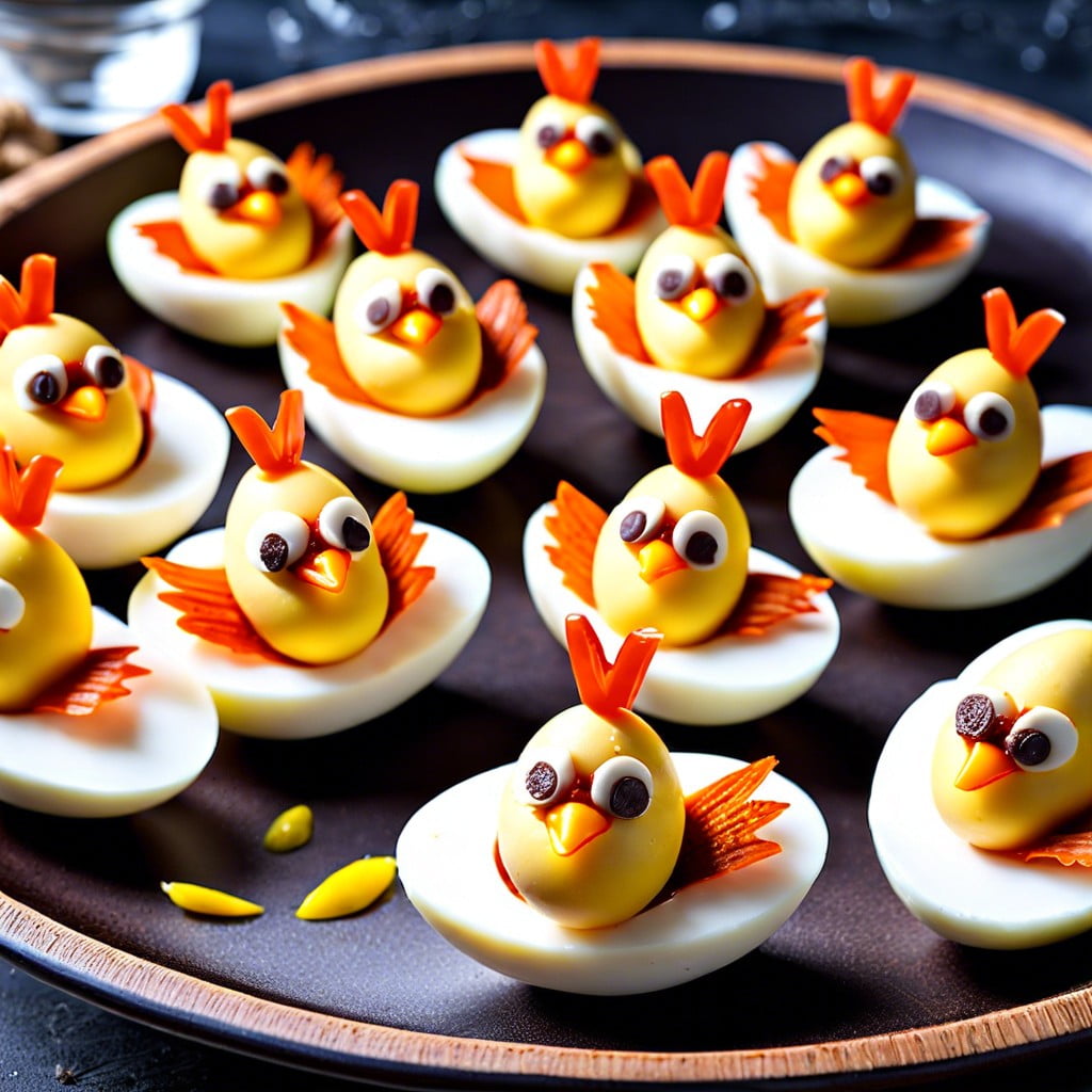 deviled eggs with paprika chicks
