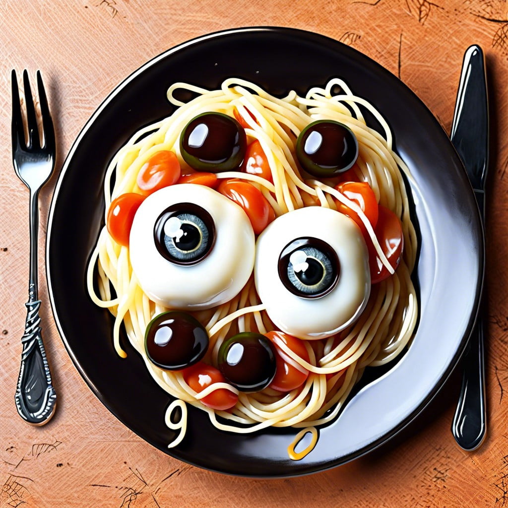 eyeball pasta serve spaghetti with mozzarella balls topped with olives as eyeballs
