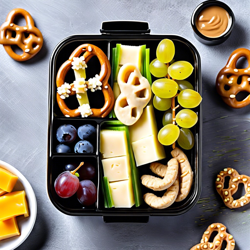 finger food bento cheese cubes pretzels grapes and celery sticks with peanut butter