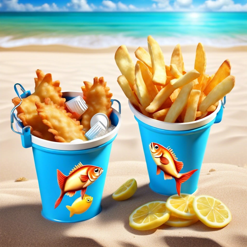 fish and chips in mini beach buckets