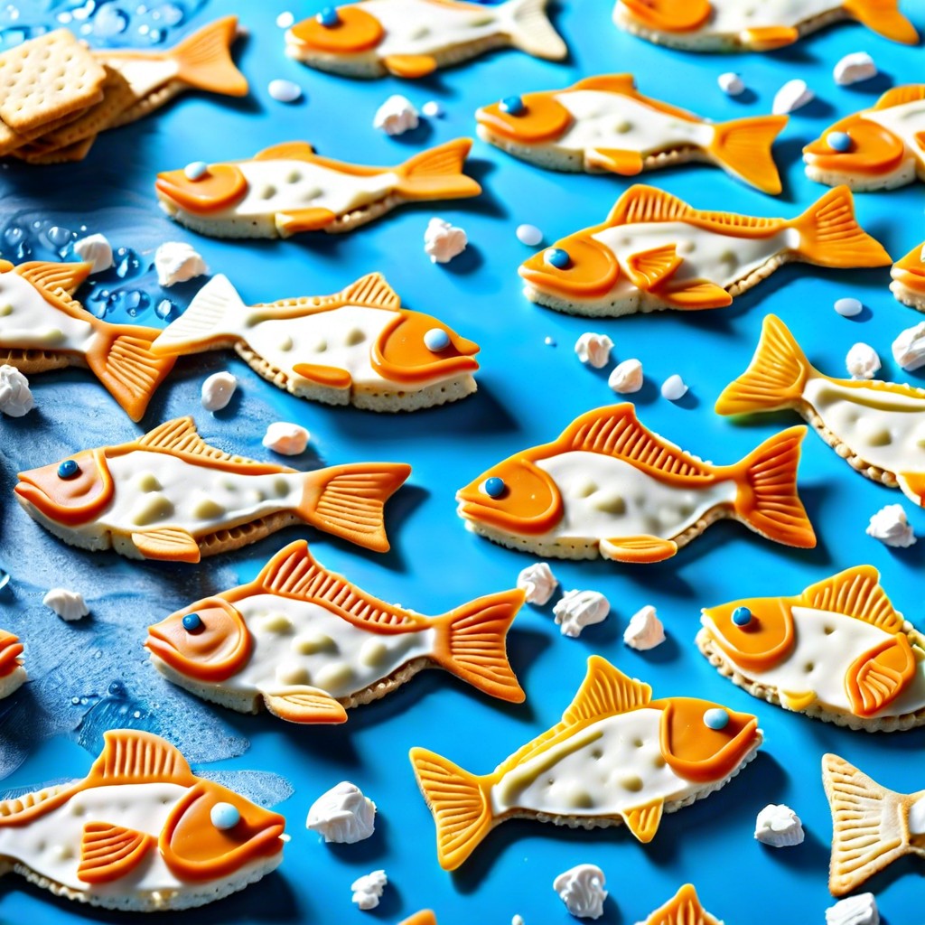 fish in the river fish shaped crackers in blue dyed cream cheese