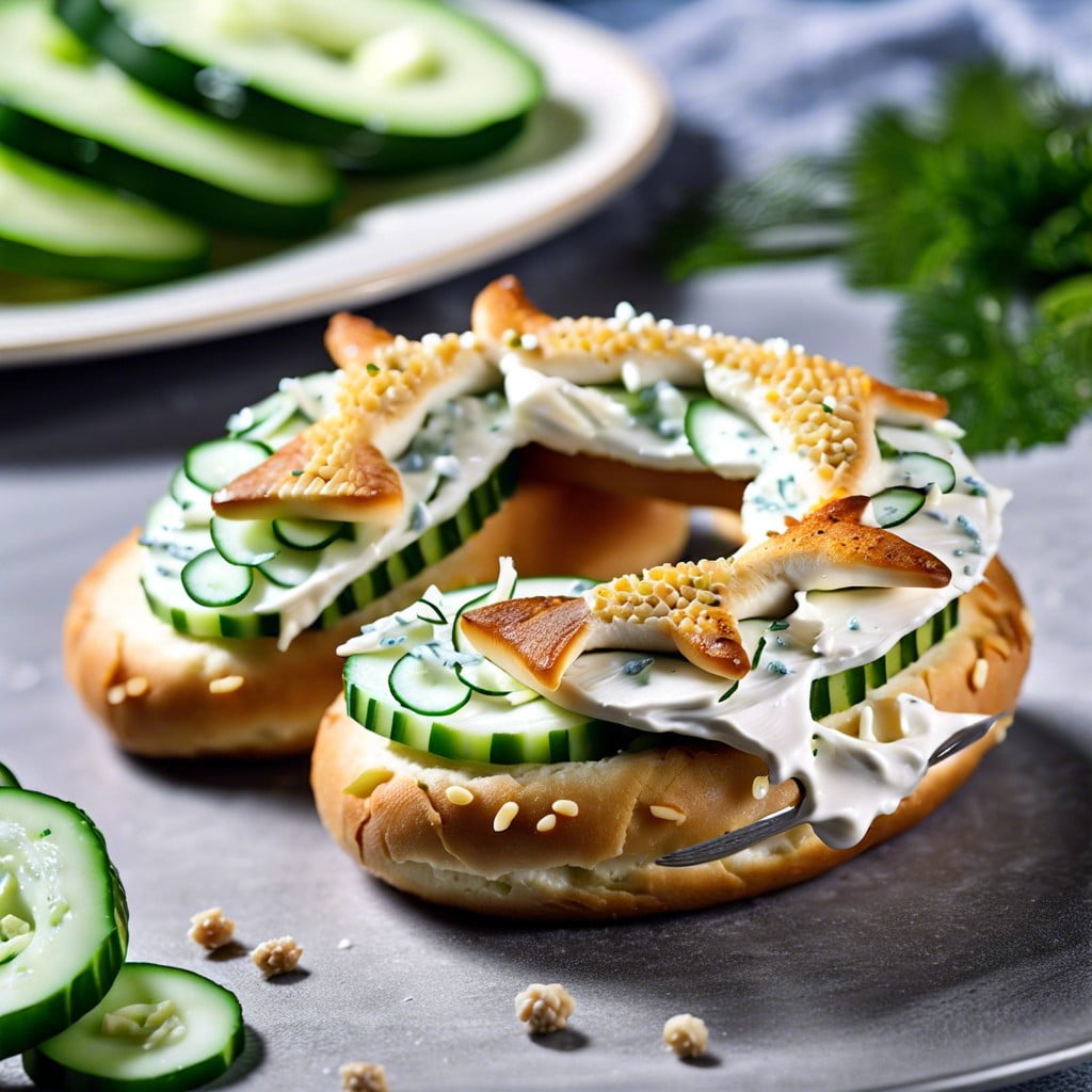 fish themed bagel with cream cheese and cucumber scales