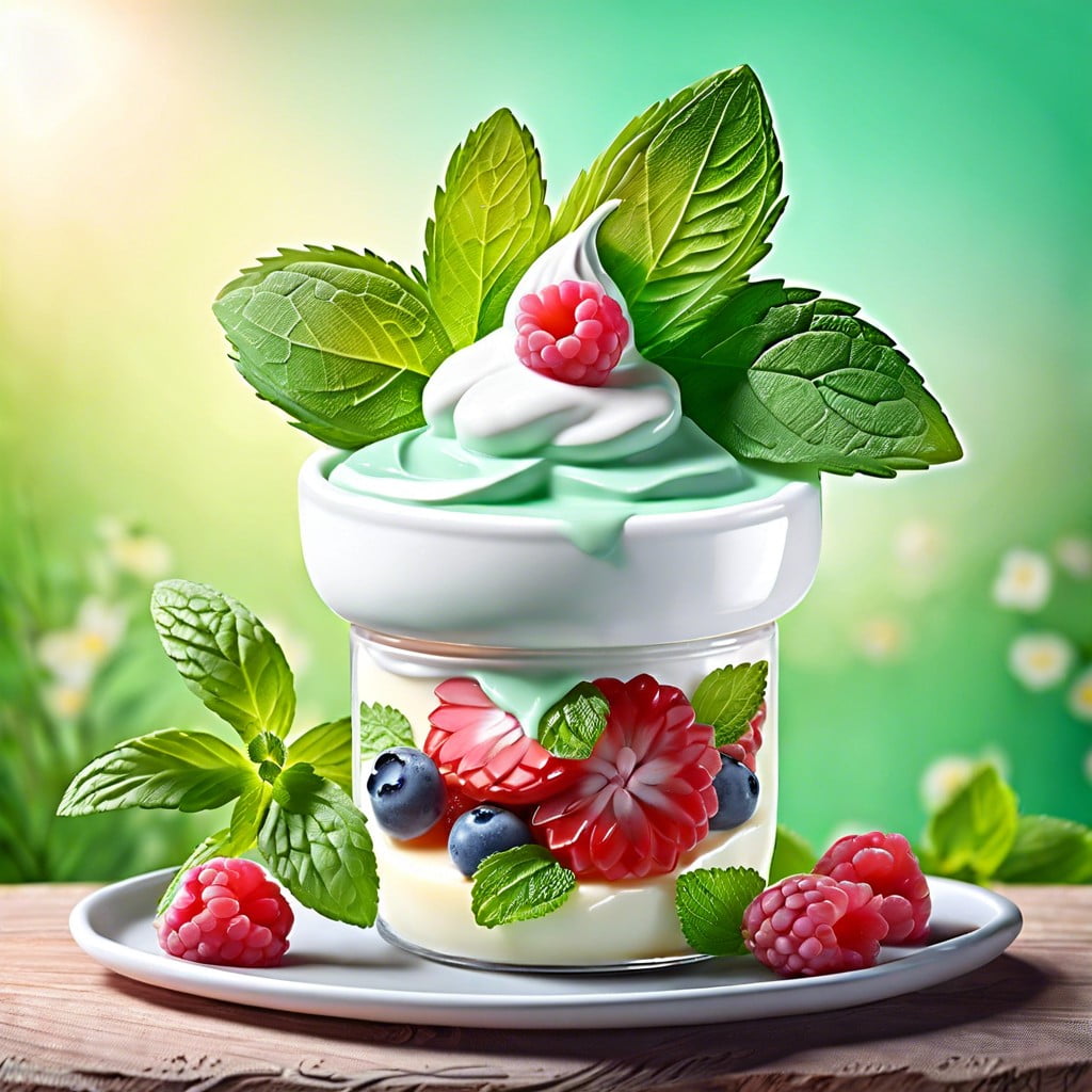 flower pot desserts with yogurt and a sprig of mint