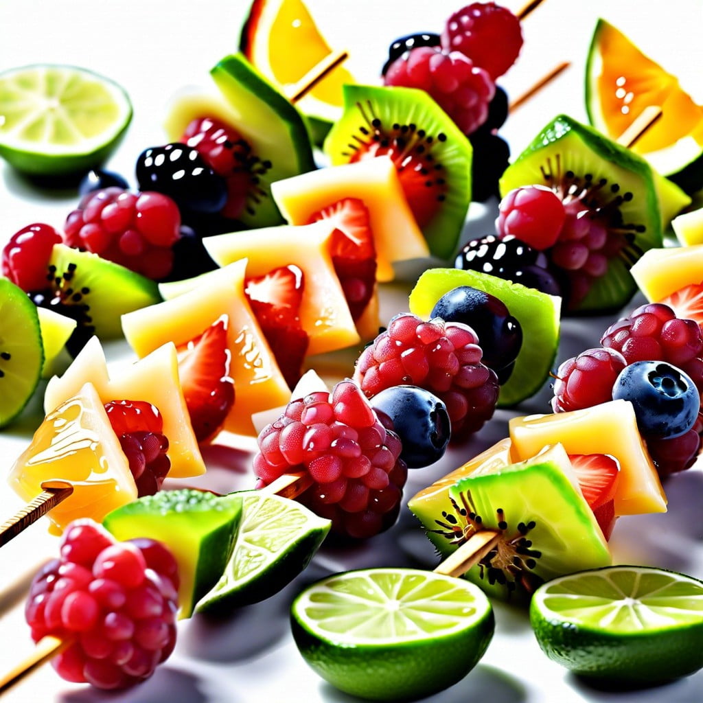 fresh fruit skewers with a honey lime drizzle
