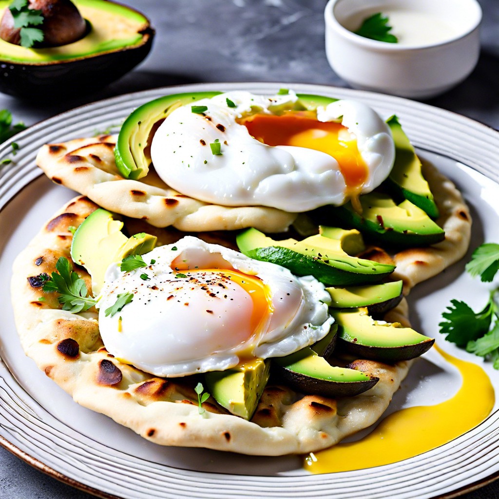 garlic naan with avocado and poached eggs