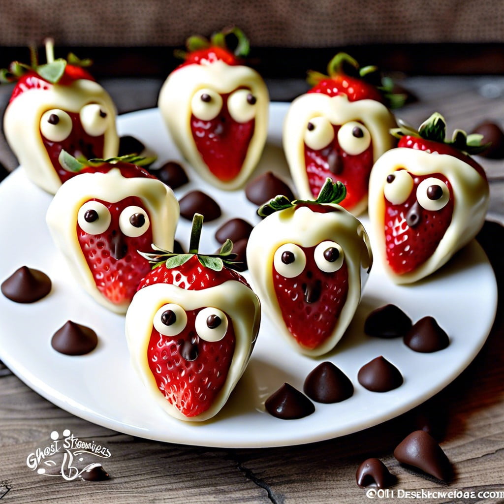ghost strawberries dip strawberries in white chocolate with mini chocolate chips for eyes