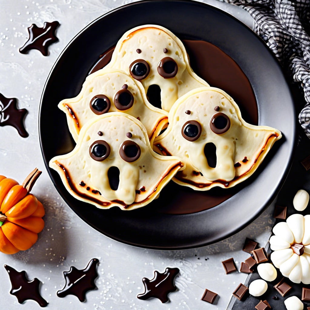 ghostly pancakes make regular pancakes use a ghost cookie cutter and chocolate chips for eyes