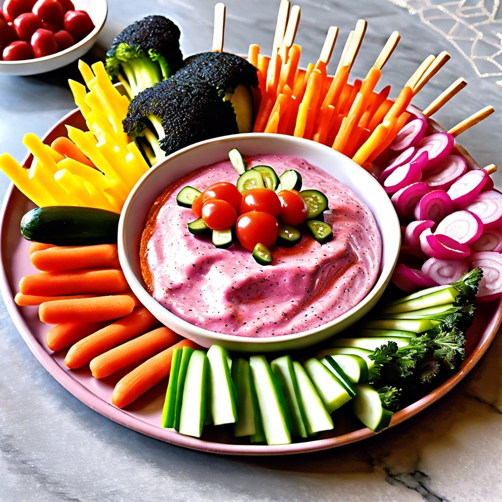 glittering pink dip with veggies