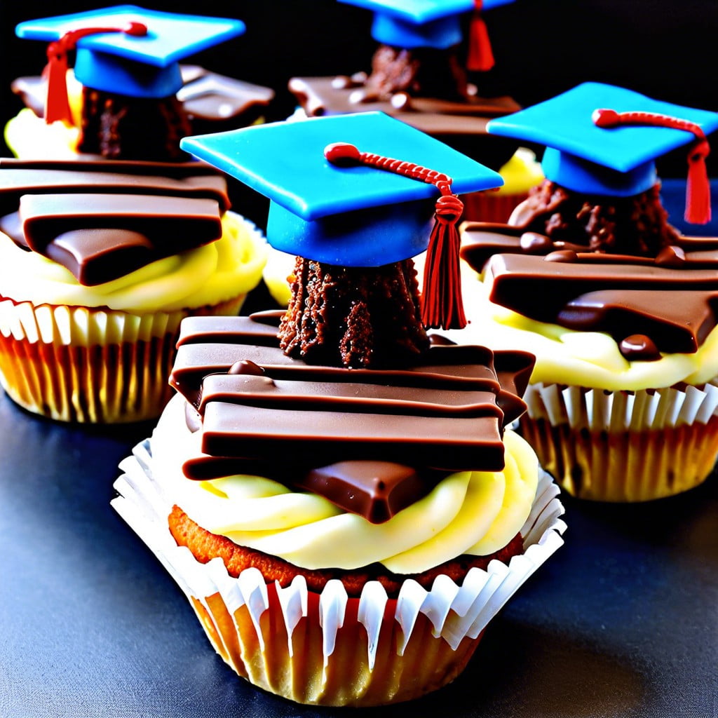 grad cap cupcakes topped with square mini chocolates as caps