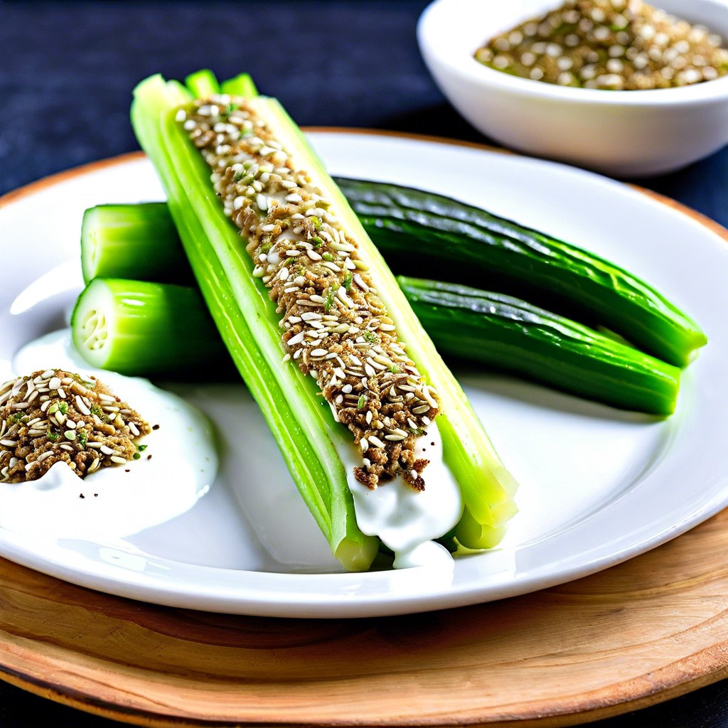 greek yogurt and cucumber filled celery topped with zaatar spice