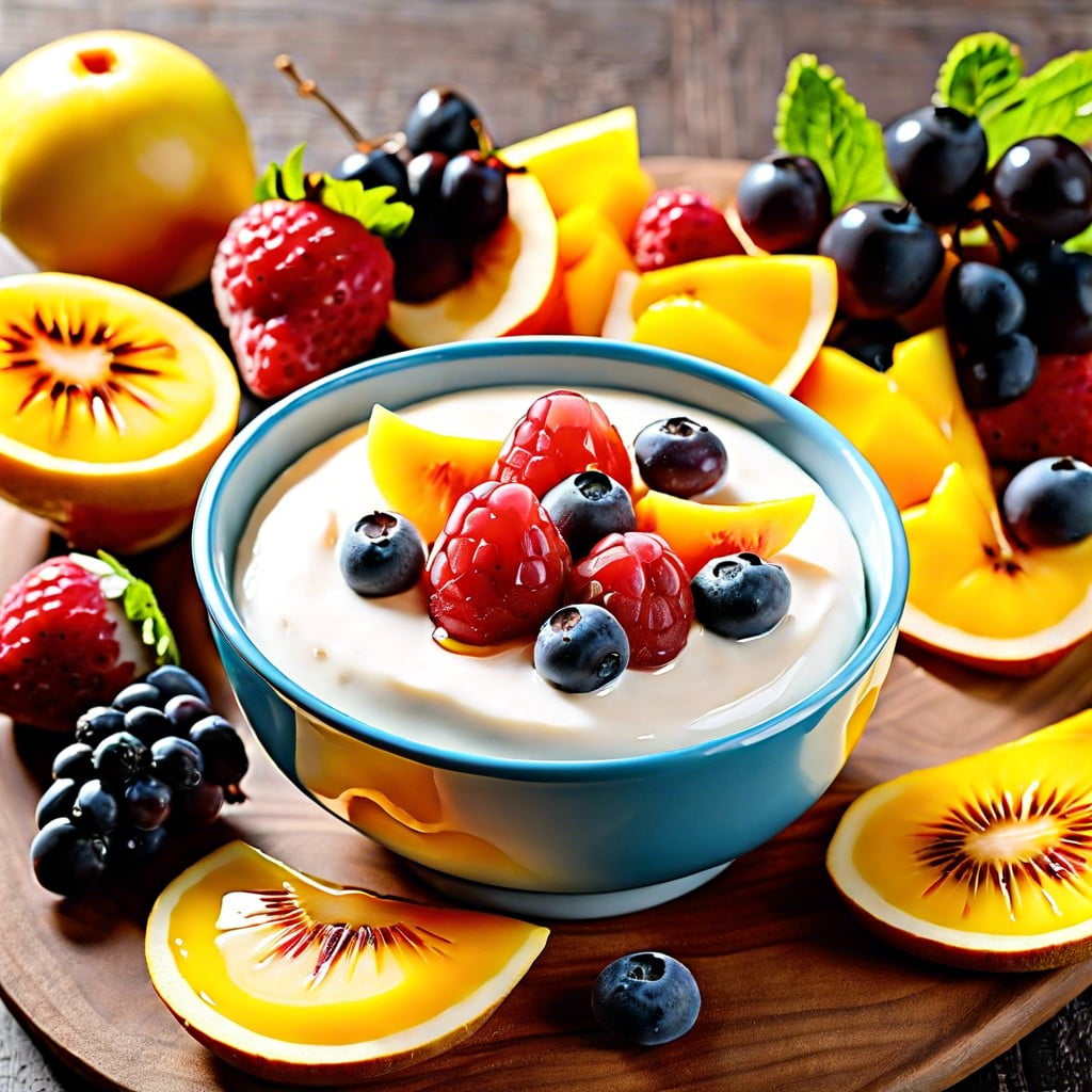 greek yogurt and honey dip with fresh fruit slices
