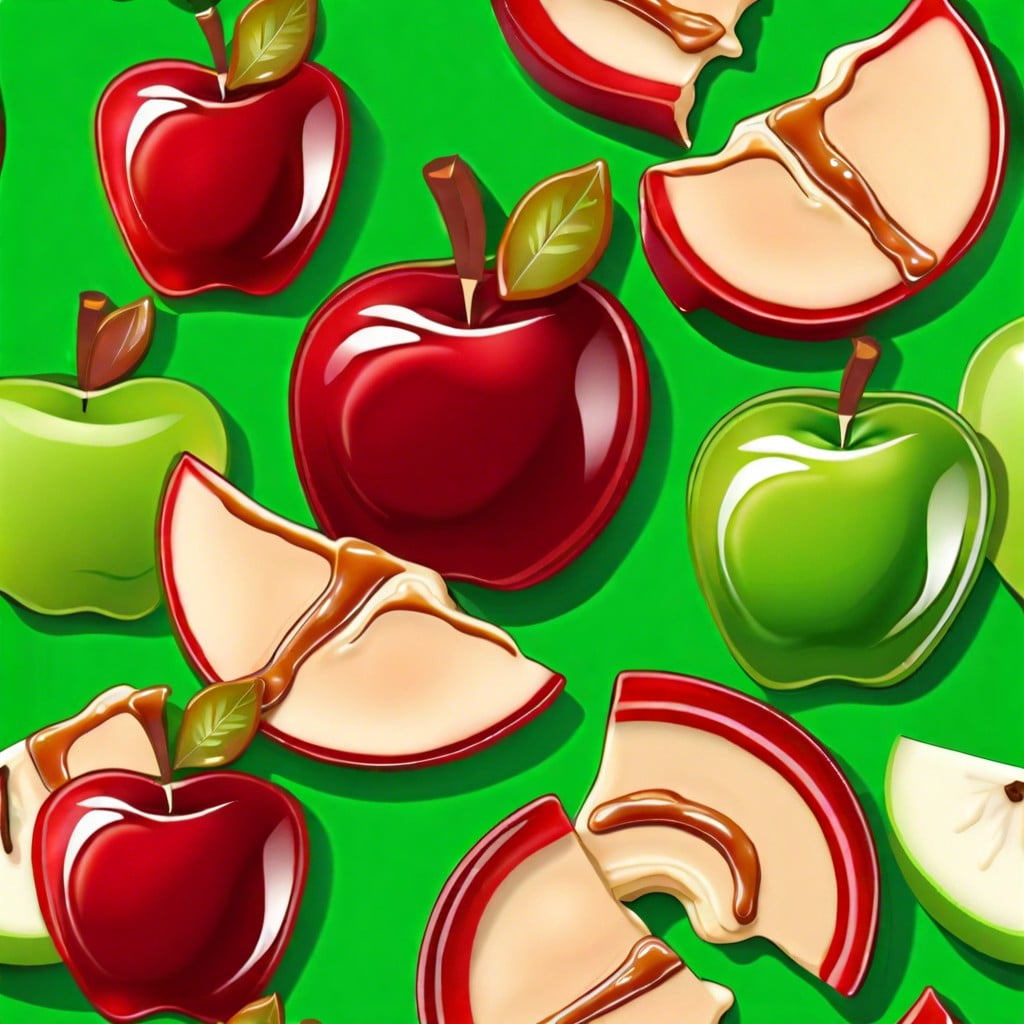 green and red apple bites with caramel dip