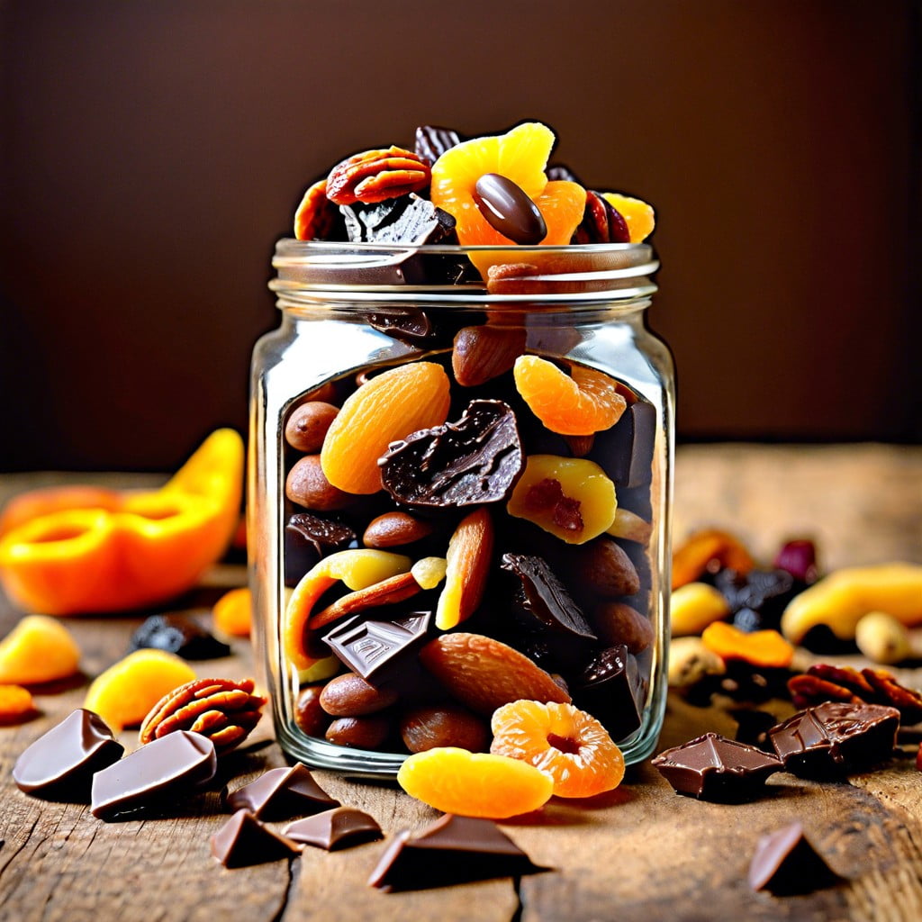homemade trail mix with dried fruits and dark chocolate chunks