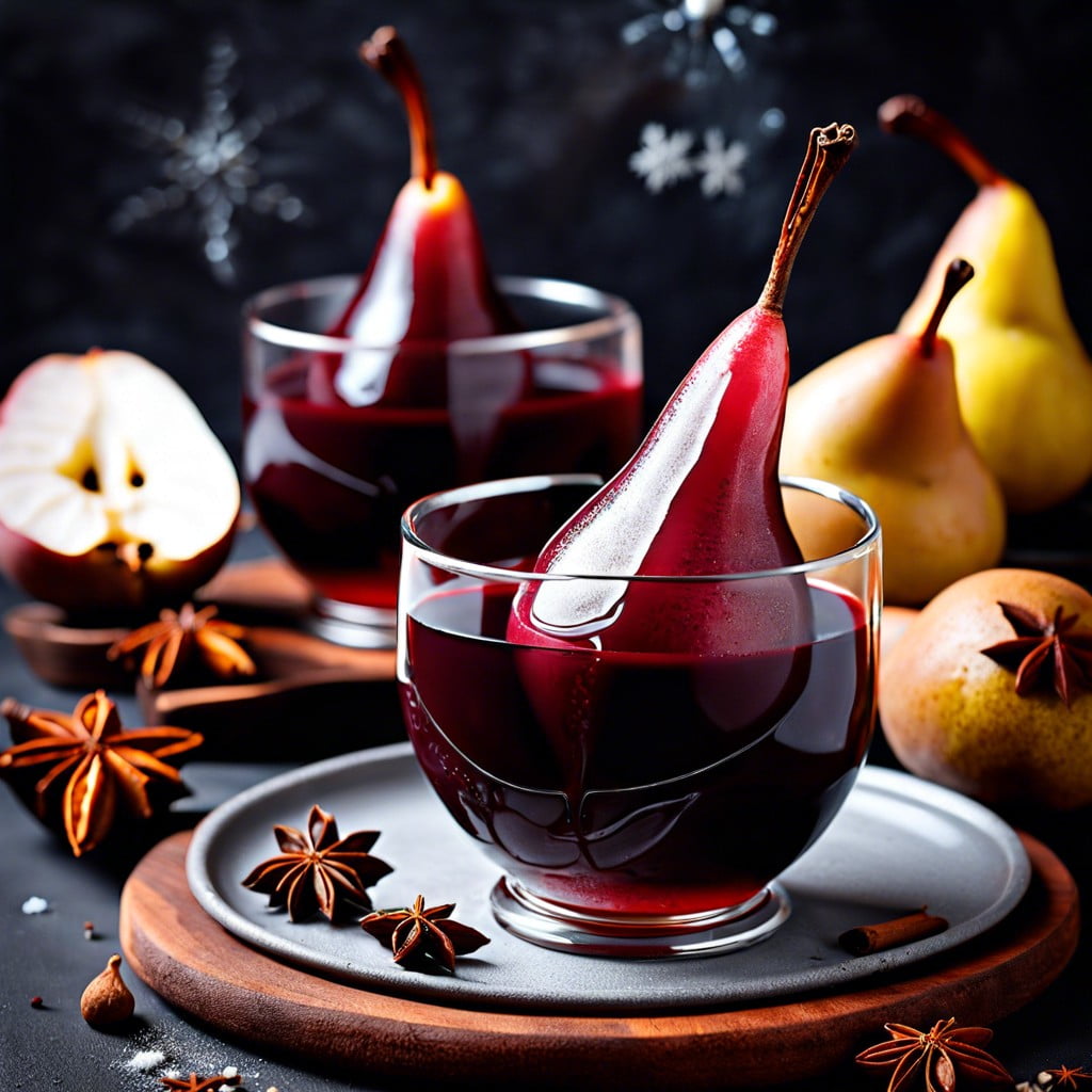 hot spiced red wine poached pears
