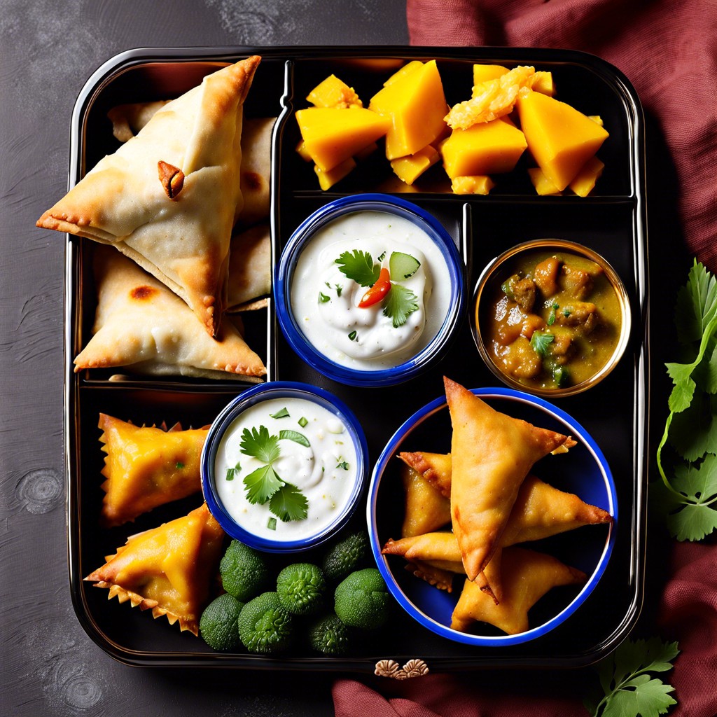 indian bento mini samosas mango chutney and a cucumber raita