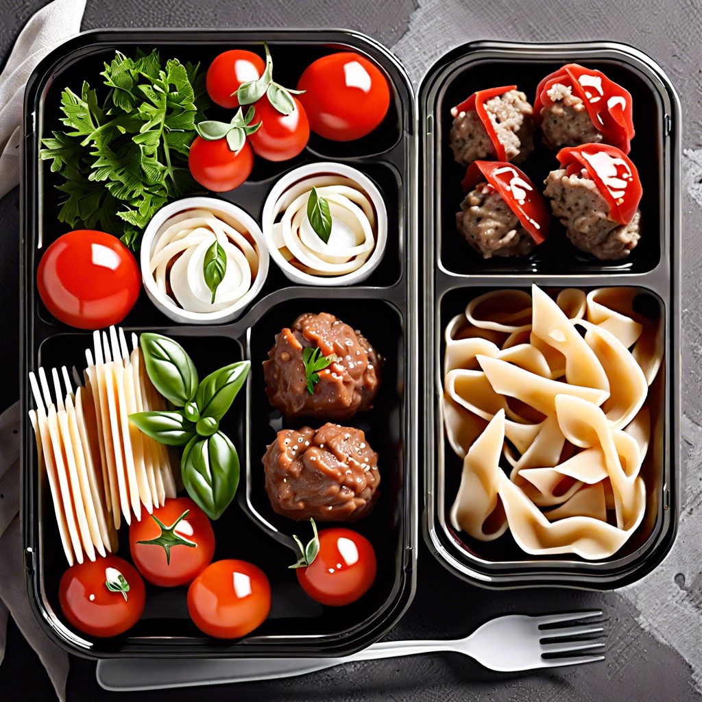 italian bento caprese skewers mini meatballs and a small serving of pasta salad