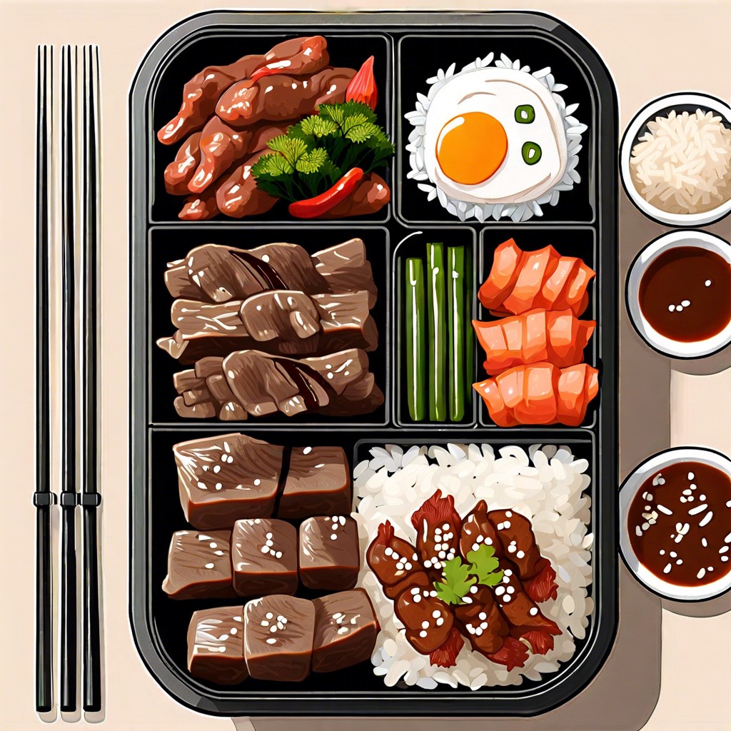 korean bbq bento bulgogi kimchi and steamed rice