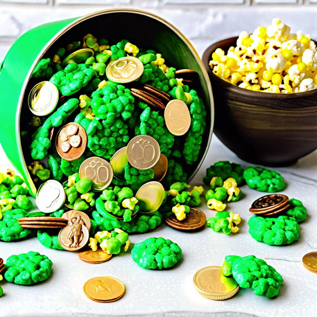 leprechaun popcorn mix green popcorn with chocolate coins