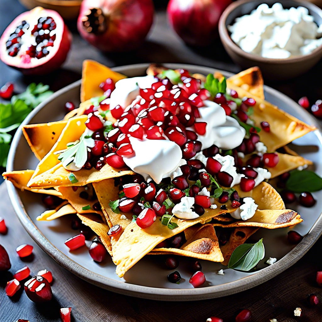 loaded nachos with unique toppings like pomegranate and goat cheese