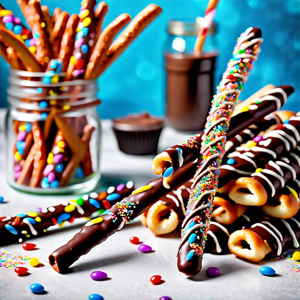 magic wand pretzels dipped in chocolate and sprinkles