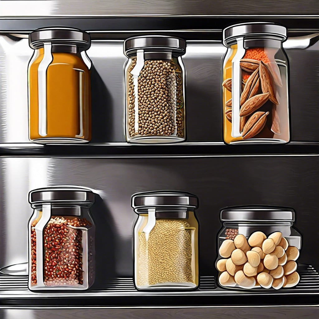 magnetic spice jars for snack storage on the fridge door
