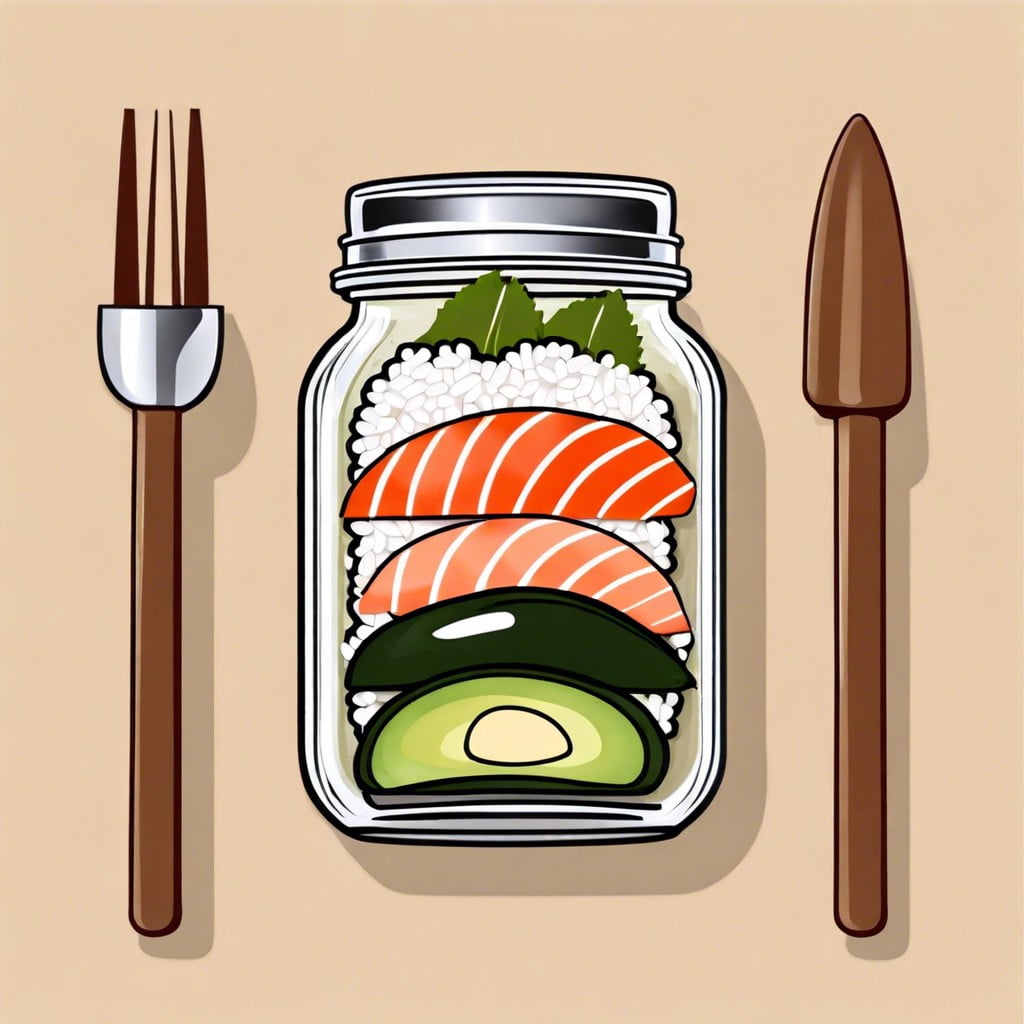 mason jar sushi layers with rice salmon and avocado