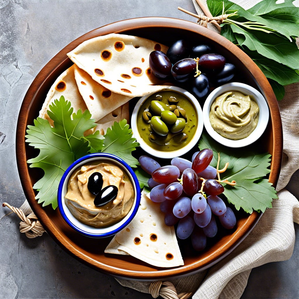 mediterranean basket hummus pita bread olives stuffed grape leaves