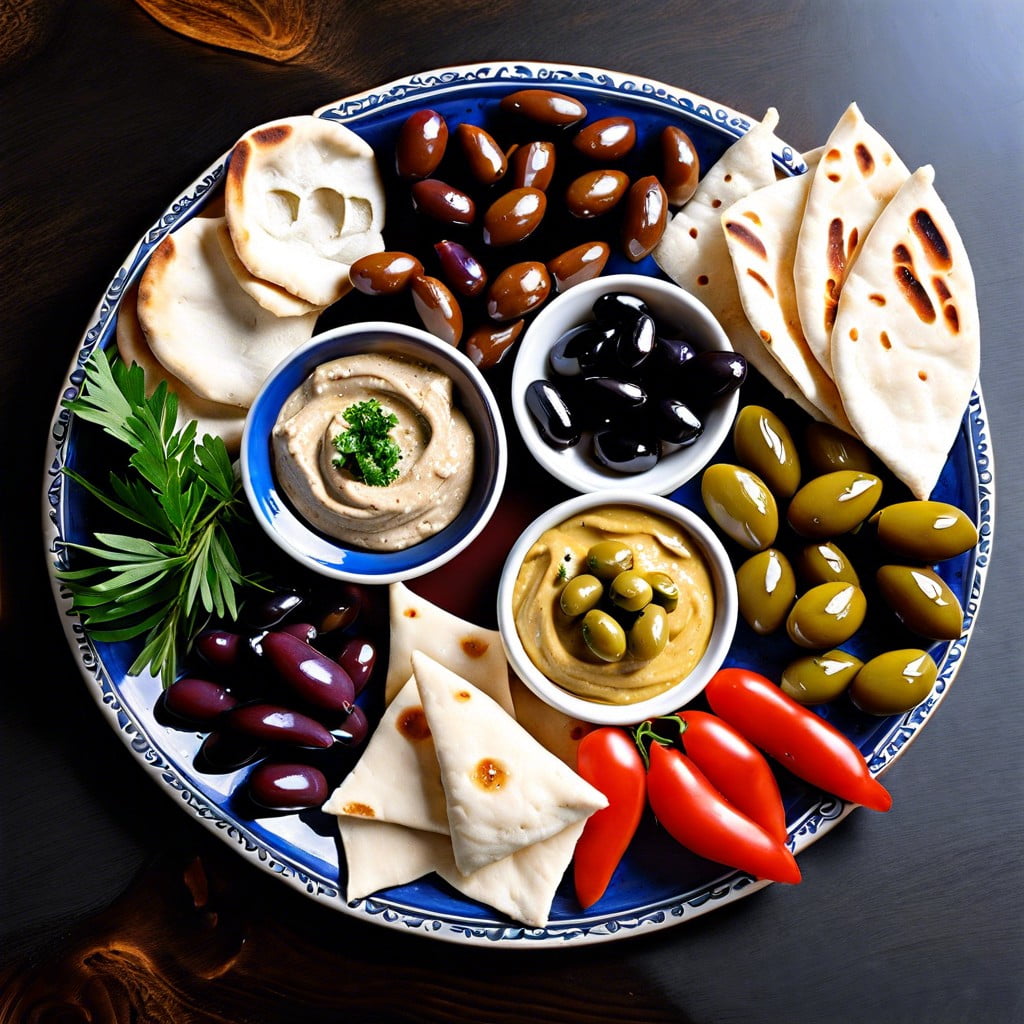 mediterranean mezze board hummus baba ganoush olives pita