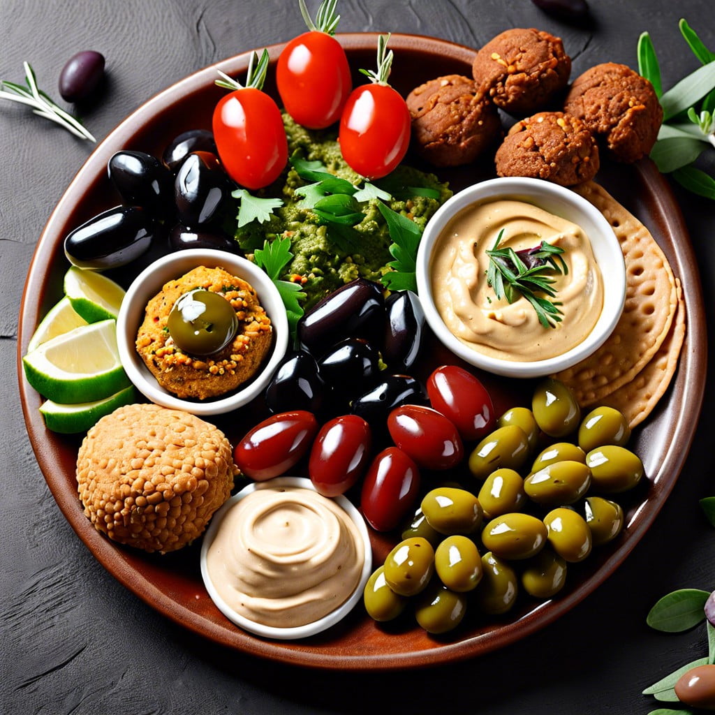mediterranean mezze platter with hummus falafel and olives