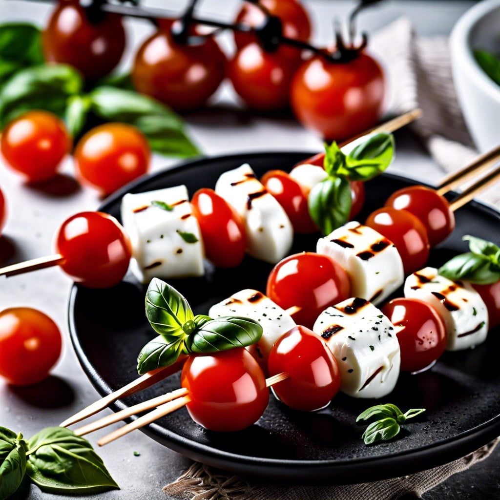 mini caprese skewers with cherry tomatoes mozzarella and basil