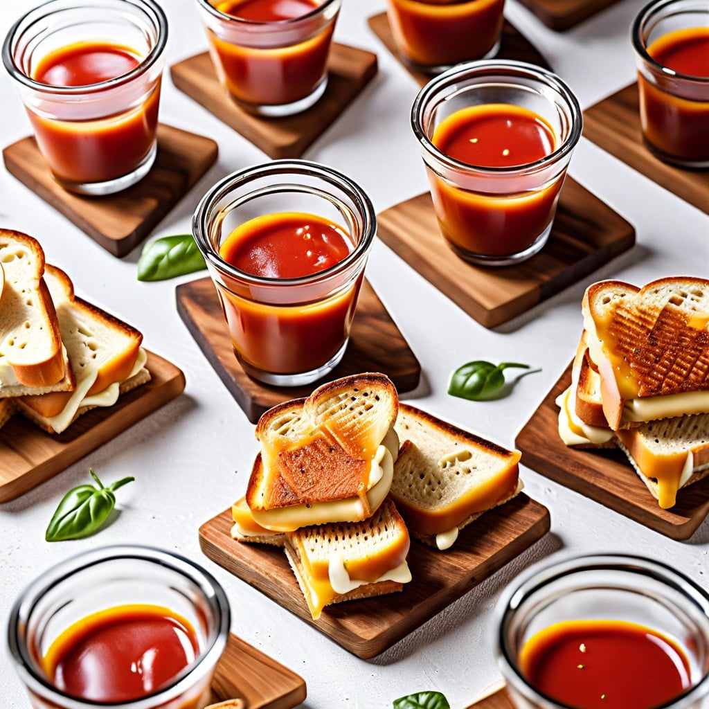 mini grilled cheese with tomato soup shots