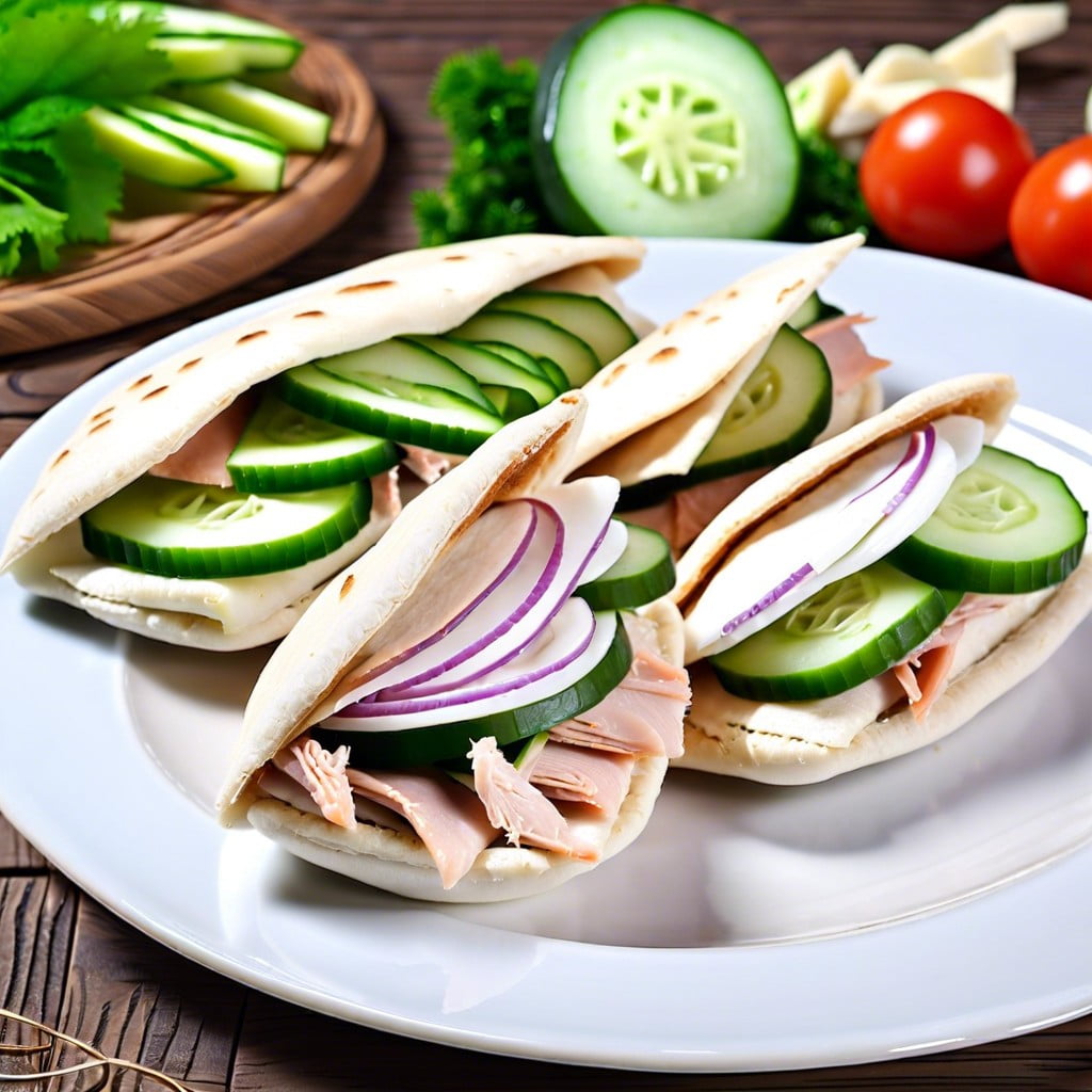 mini pita sandwiches with cucumber and turkey