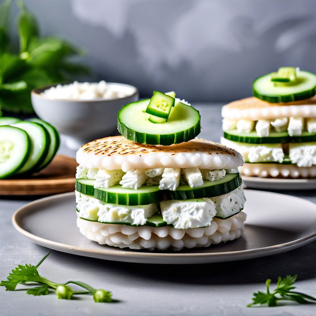 mini rice cake sandwiches with cream cheese and cucumber