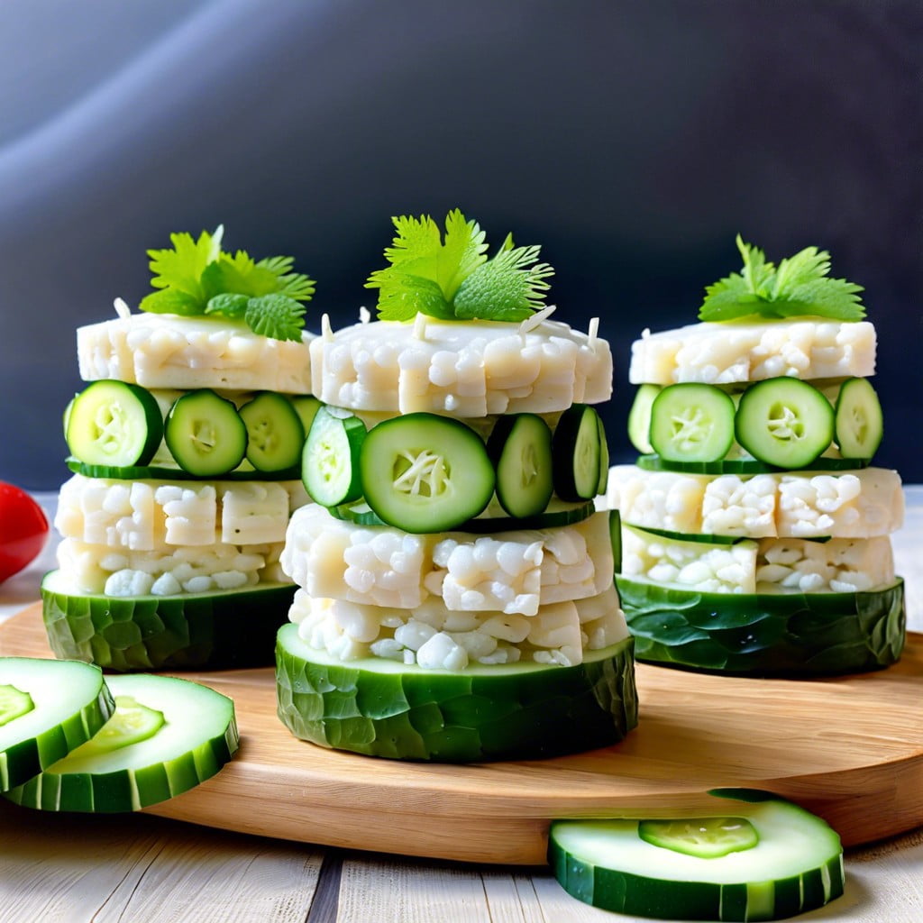 mini rice cake towers with cream cheese and cucumber