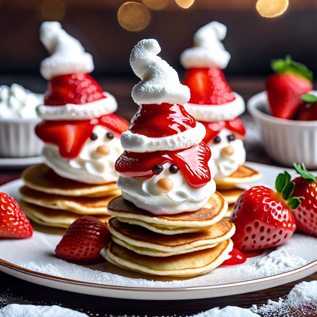 mini santa pancakes with strawberry hats and whipped cream beards