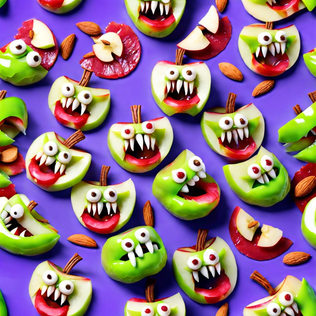 monster apple bites slice apples into mouths and use slivered almonds for teeth