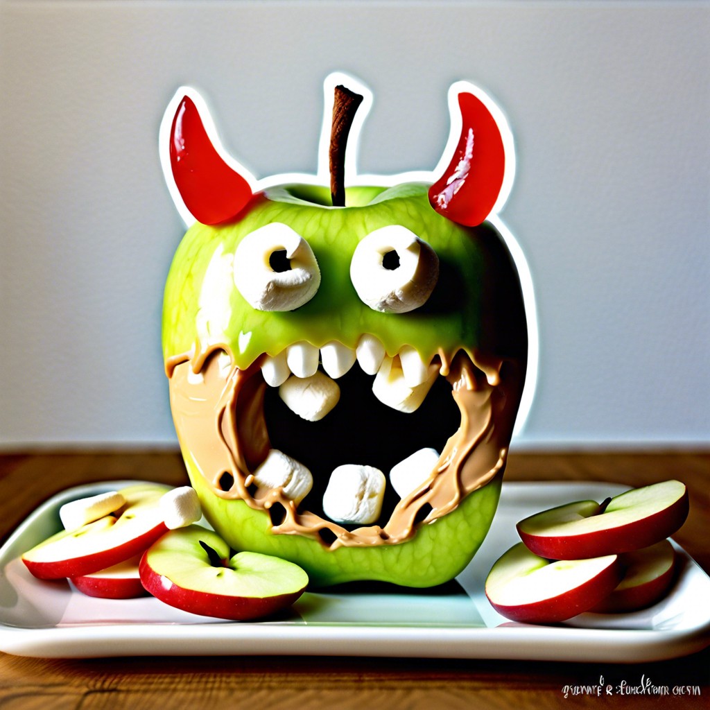 monster mouths apple slices with peanut butter and marshmallow teeth