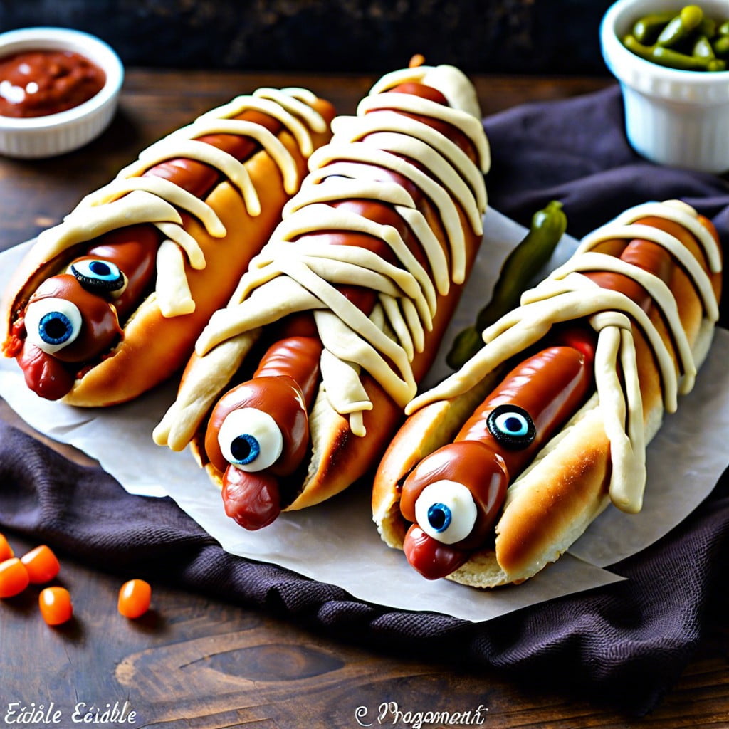 mummy hot dogs wrap hot dogs in crescent roll dough bake and add eyes