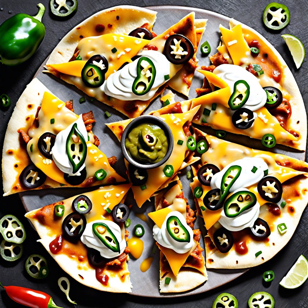 naan nachos with melted cheese and jalapenos