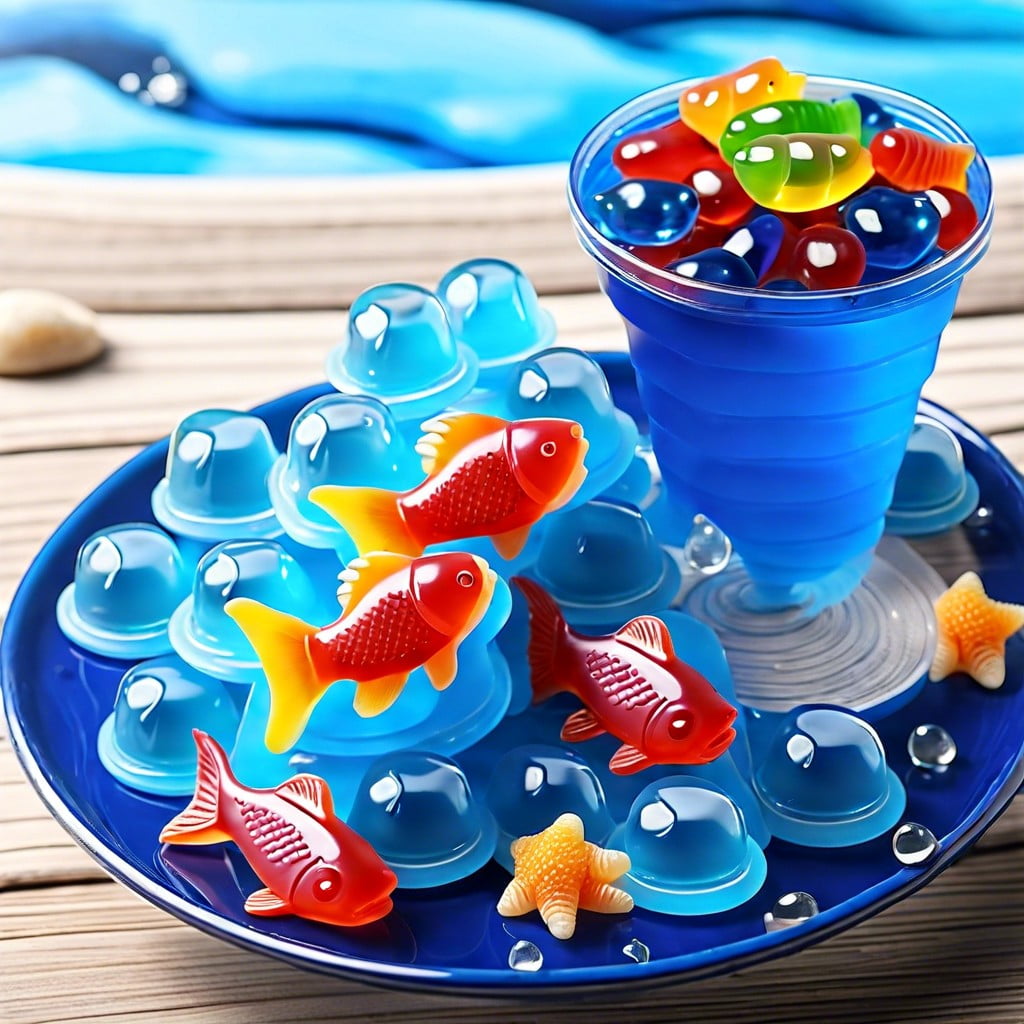 ocean blue gelatin cups with gummy fish