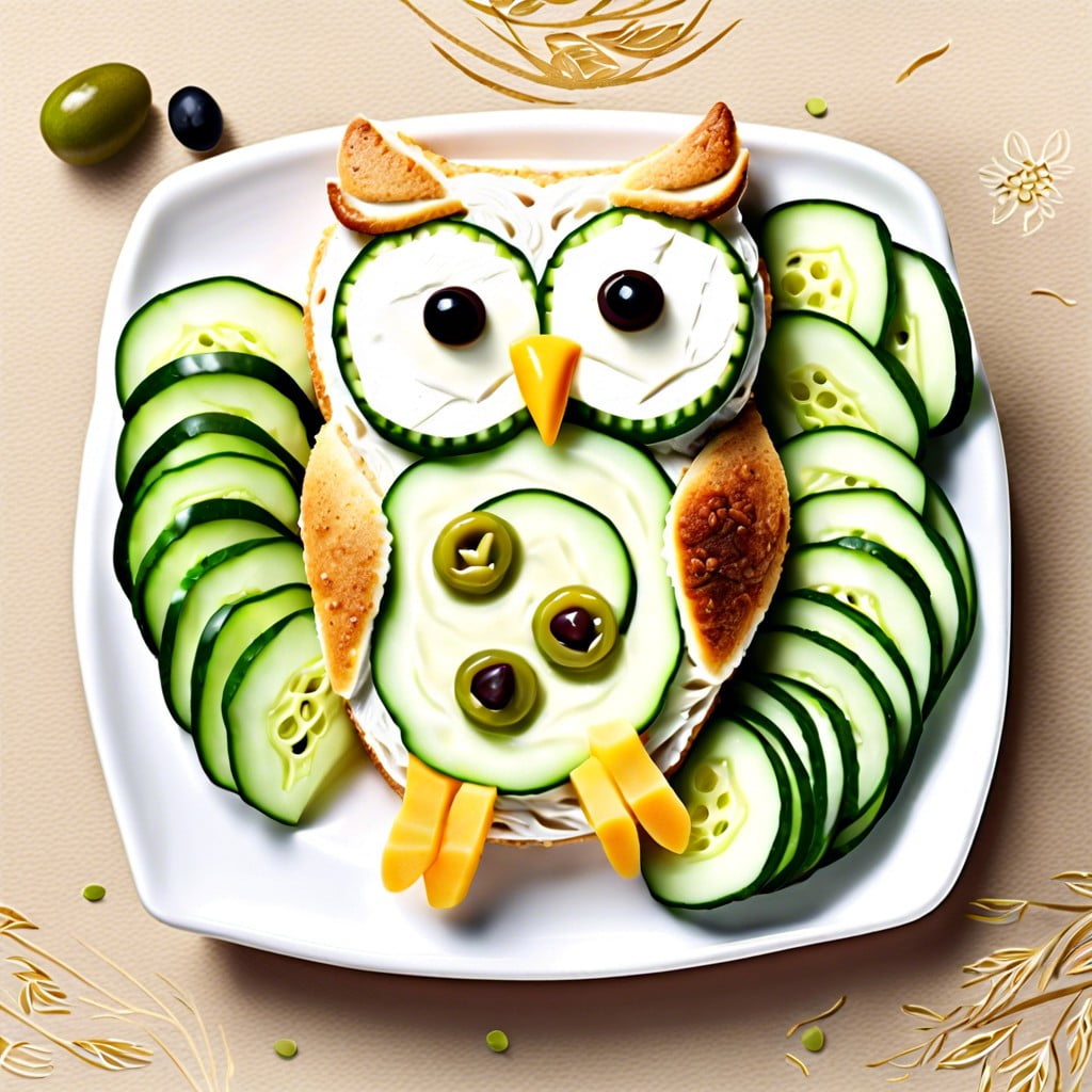 owl sandwiches with cream cheese cucumber and olives